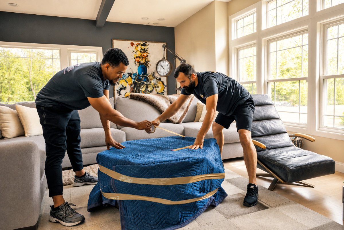 Residential in-house movers carrying furniture.