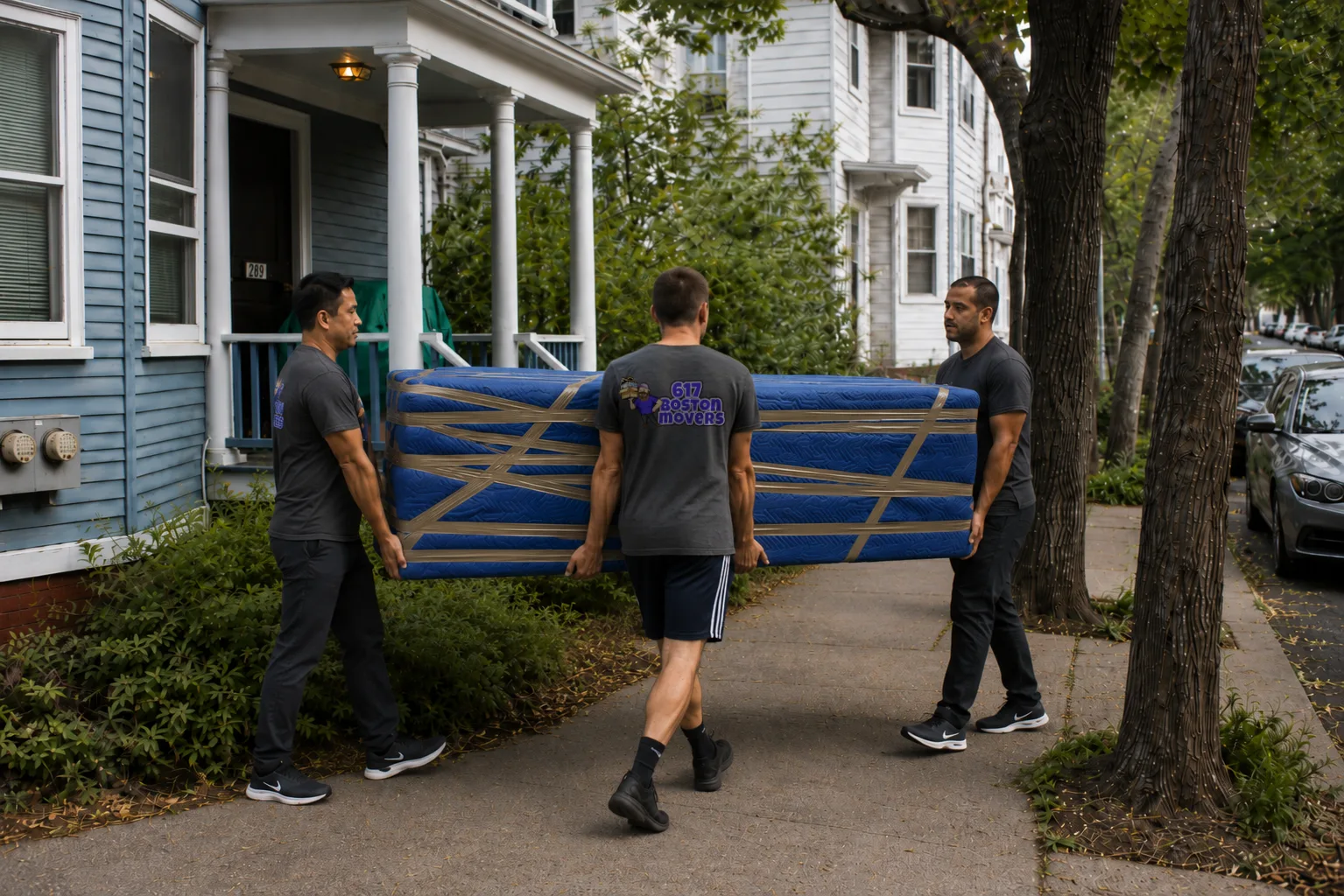 617 Boston Movers lifting a couch in Boston, MA